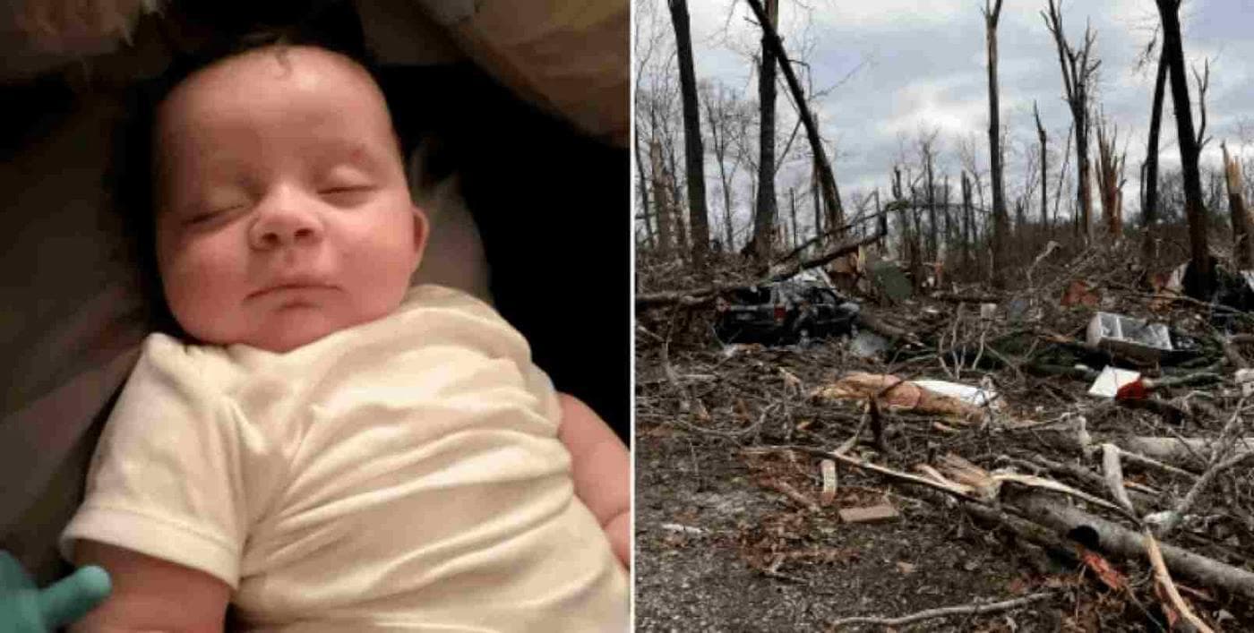 A 4-month-old baby caught in a tornado was found sleeping and unharmed in a “cradle” of branches.