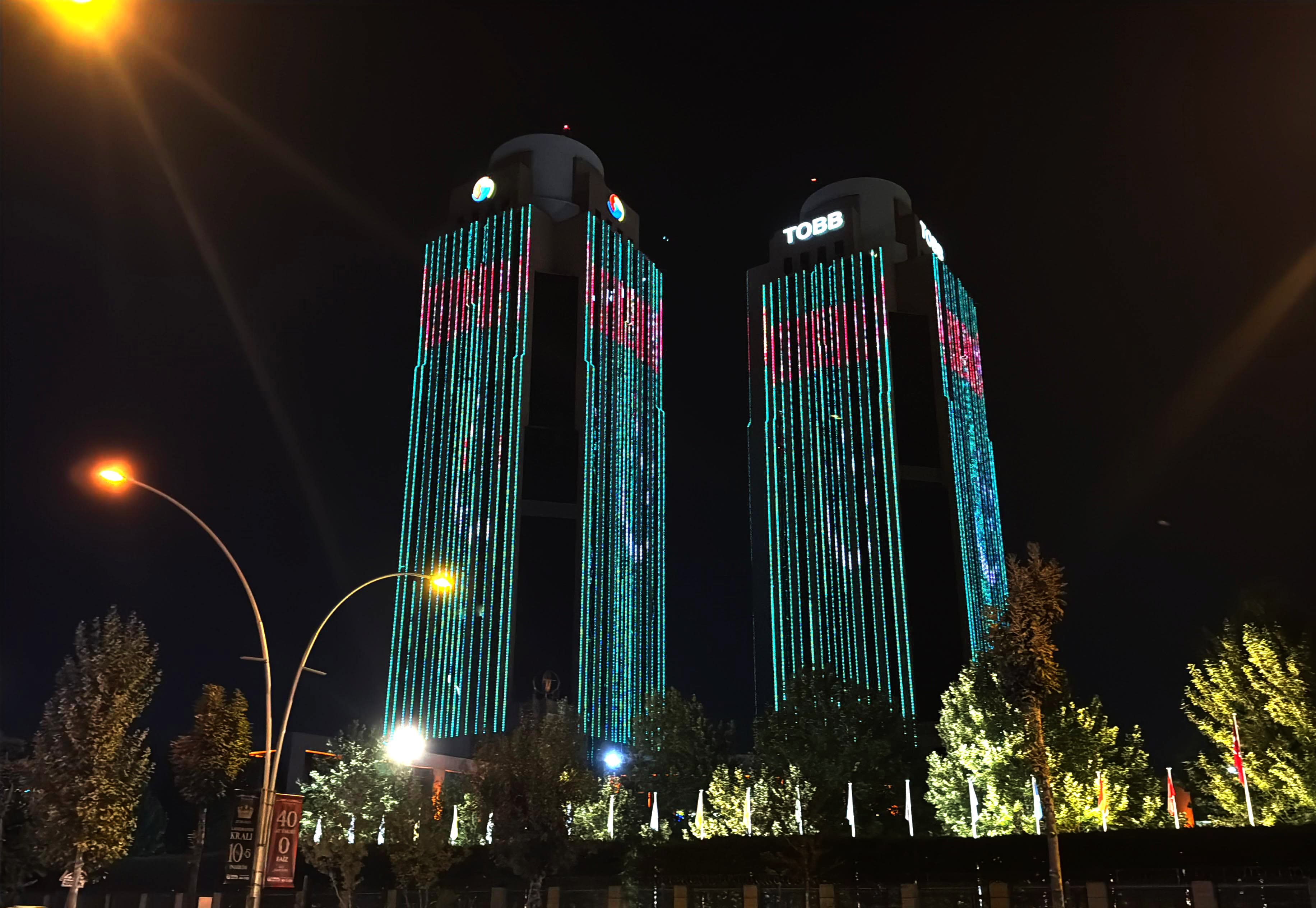 Ankara's tallest buildings were painted in the colors of the Turkmen flag to commemorate the 34th anniversary of Independence